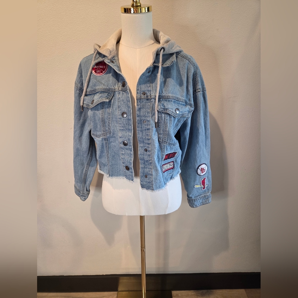 Women's Denim Jean Jacket with Cardinals Baseball Patches And Sweatshirt Hood